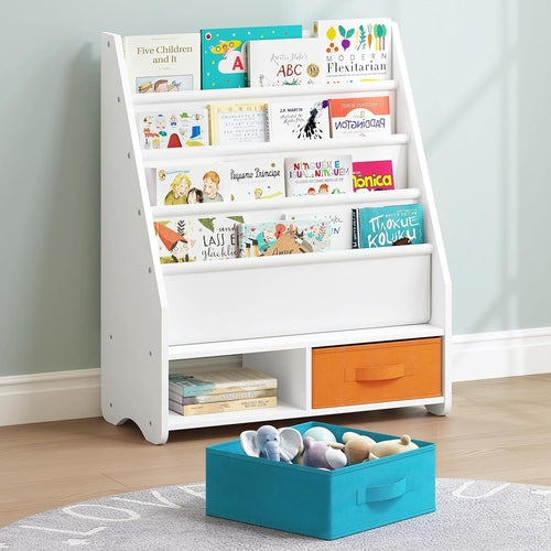 Kids Bookshelf With Storage Bins White Nursery Toddler